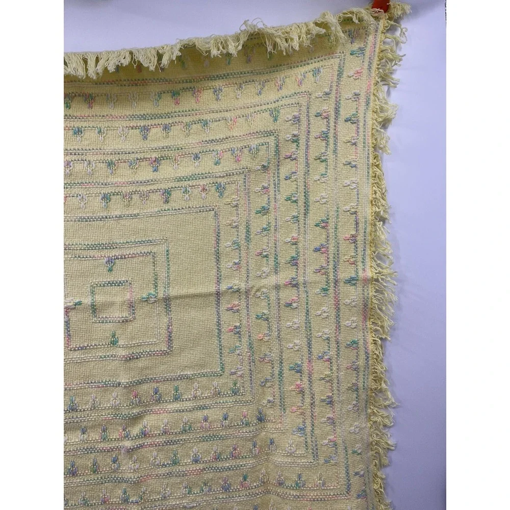 Vintage Baby Blanket Hand Woven Butter Yellow Pastel Fringed 33